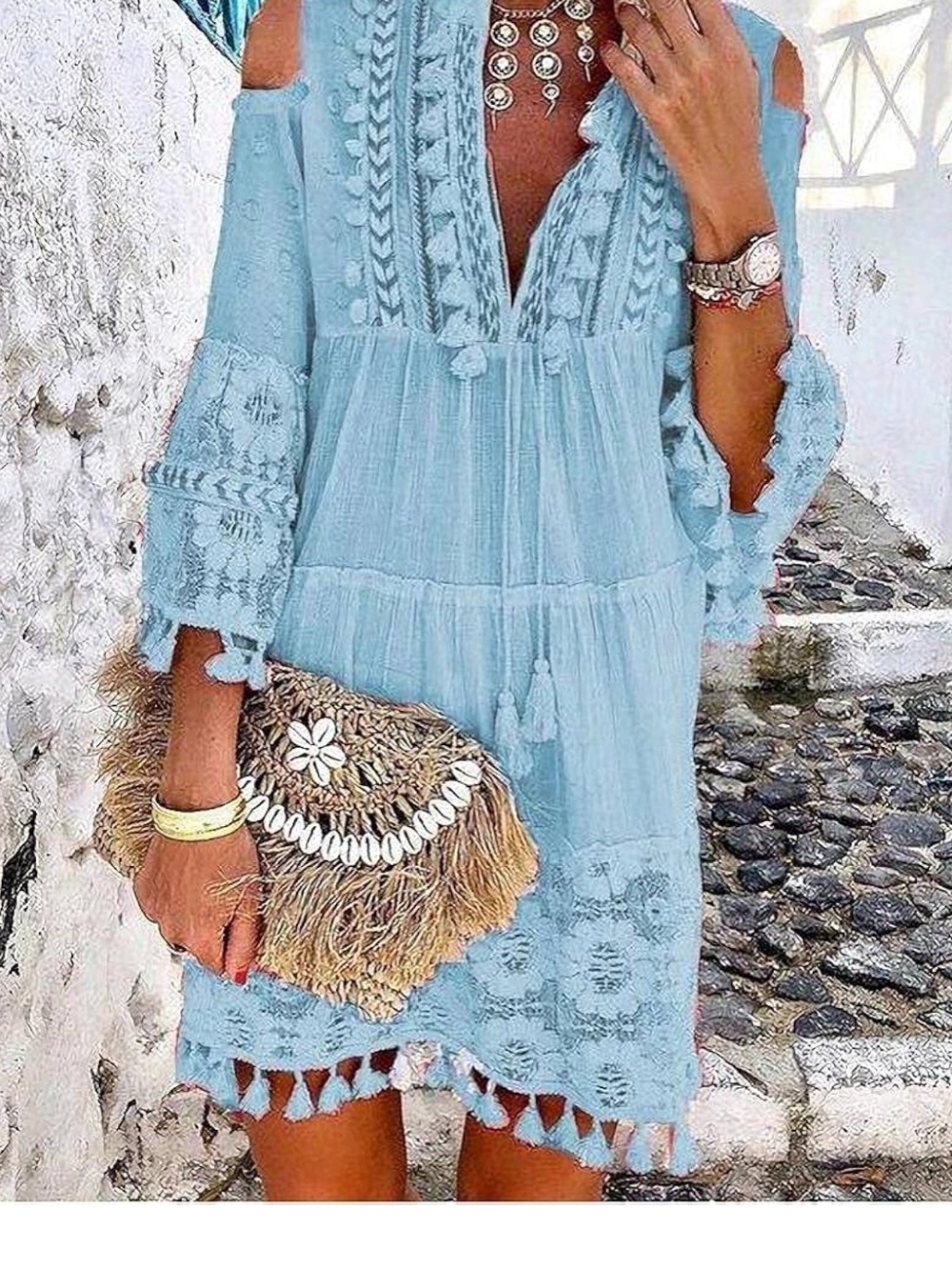 Light Blue Embroidered Cold-Shoulder Tunic Dress